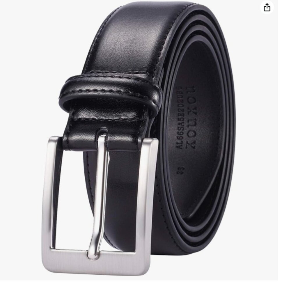 Men's Black Leather Belt w/ Silver Tone Prong Buckle
